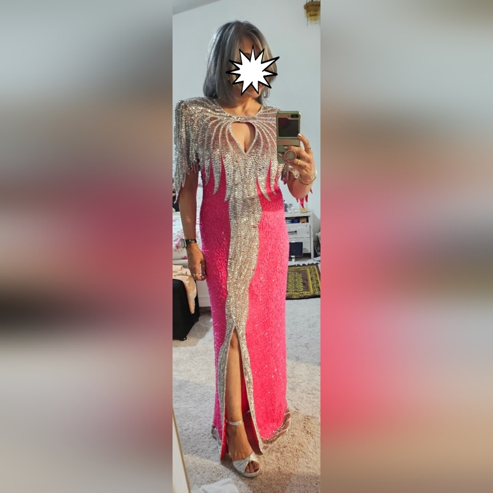 Tan-chho beaded and sequins dress. Hot pink and silver